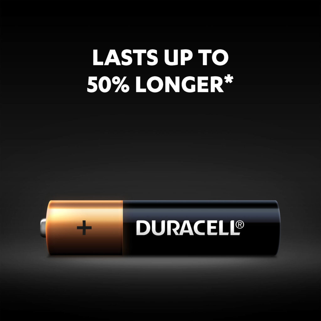 Duracell Alkaline AAA size Batteries lasts up to 50% longer than competition