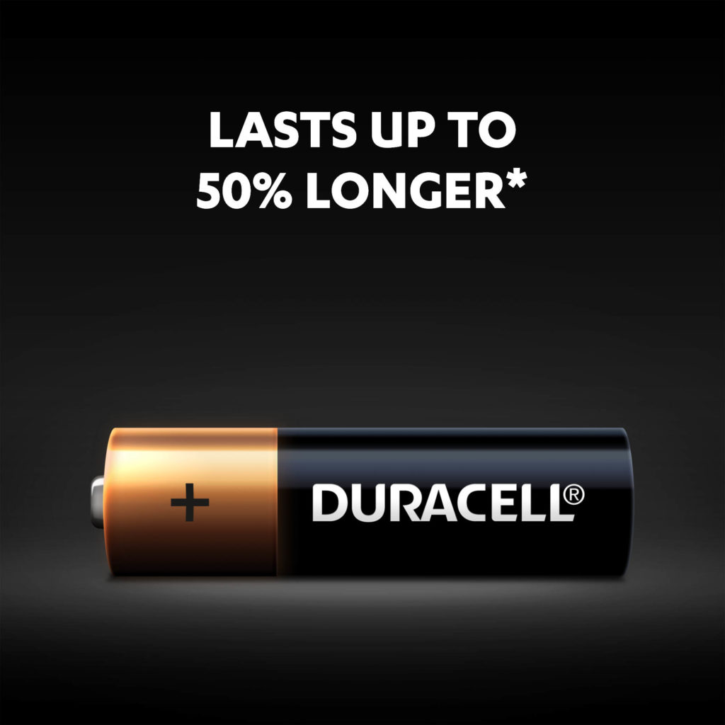 Duracell Alkaline AA size Batteries lasts up to 50% longer than competition