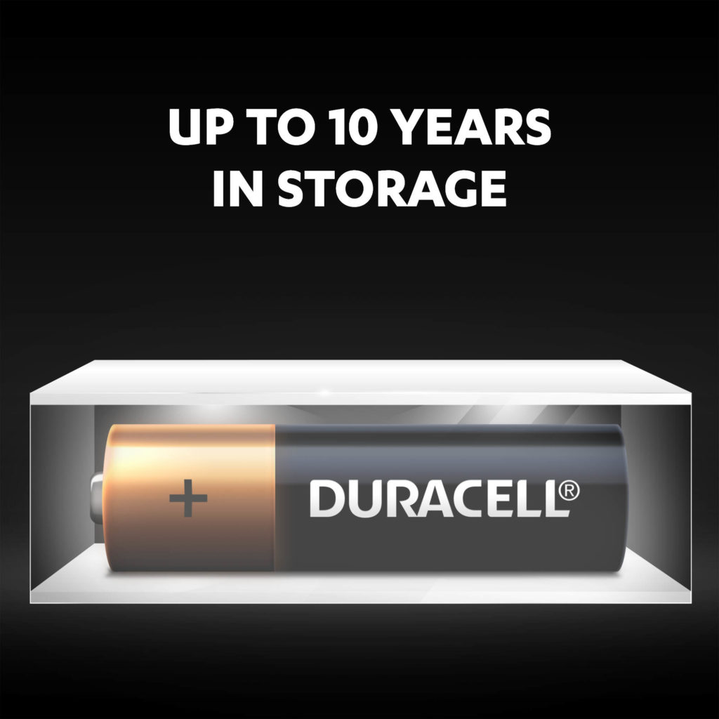 Duracell Alkaline AA size Battery can stay fresh and powered for up to 10 years in ambient storage
