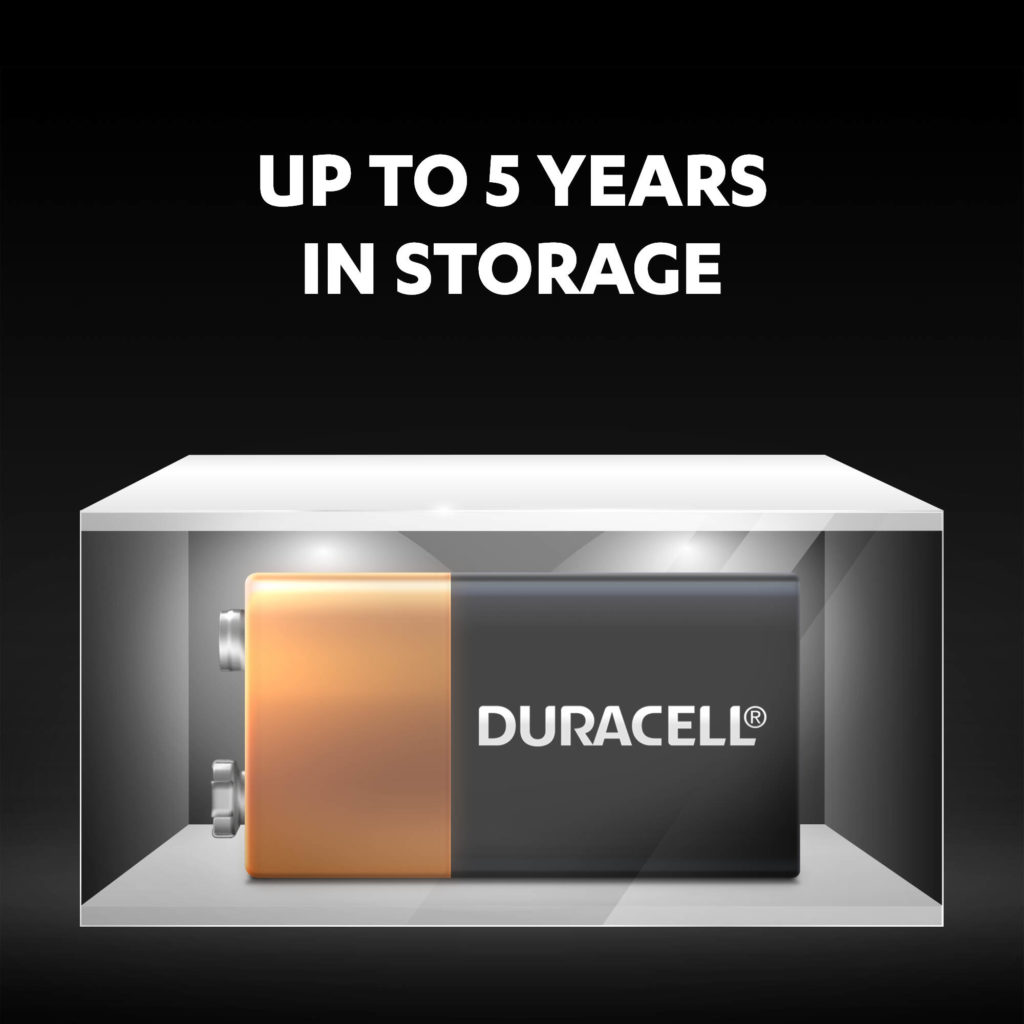 Duracell 9V Alkaline Batteries stay fresh and powered for up to 5 years in ambient storage