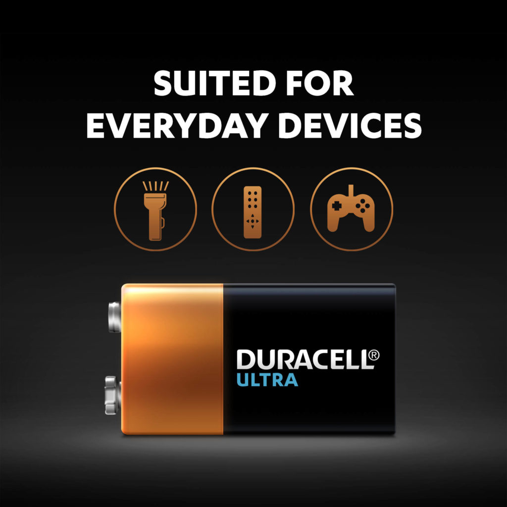 Duracell Ultra Alkaline 9V Battery is suited for everyday devices like game controllers and remotes