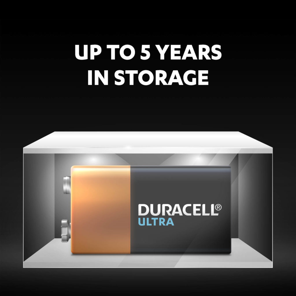 Unused Duracell Alkaline Ultra 9V Batteries stay fresh and powered for up to 5 years in ambient storage