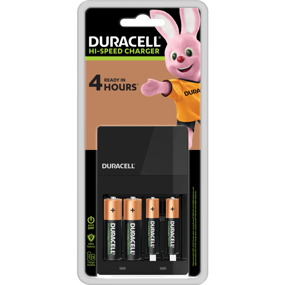 Duracell Hi-Speed Charger includes 2 slots for AA 1300mAh and two for the AAA 750mAh batteries fully charged after 4 hours