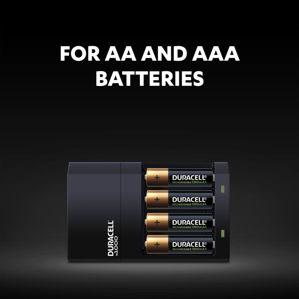 Duracell Hi-Speed Charger includes 2 slots for AA 1300mAh and two for the AAA 750mAh batteries