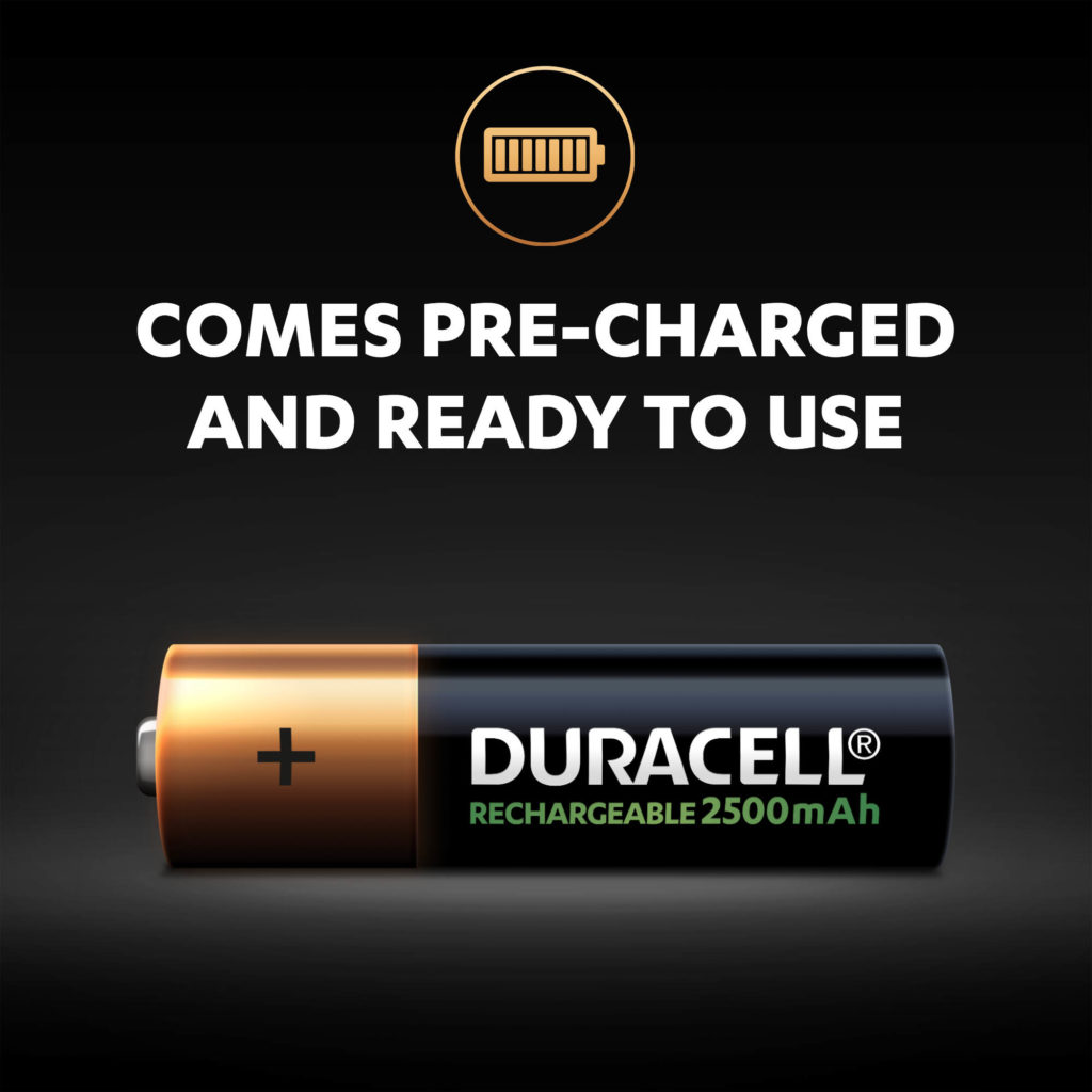 Duracell Rechargeable AA Batteries of 2500mAh come pre-charged and ready to use