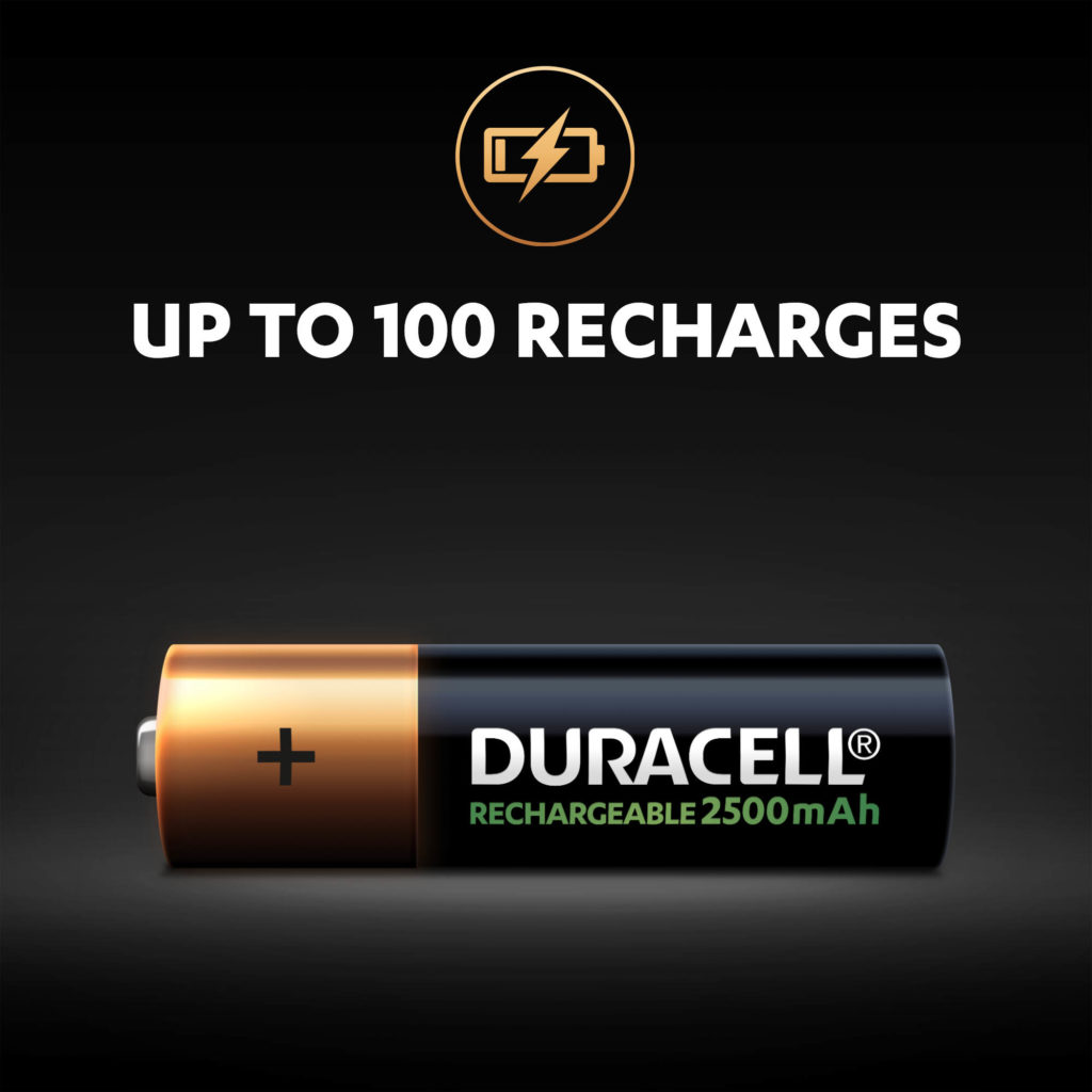Duracell Rechargeable AA sized 2500mAh Battery can last up to 100 recharges