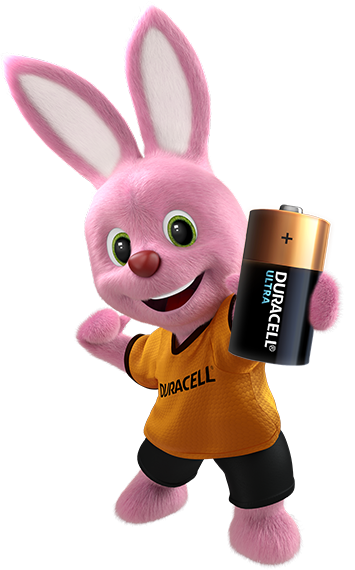 Duracell Bunny holding Duracell Ultra Battery in his hand