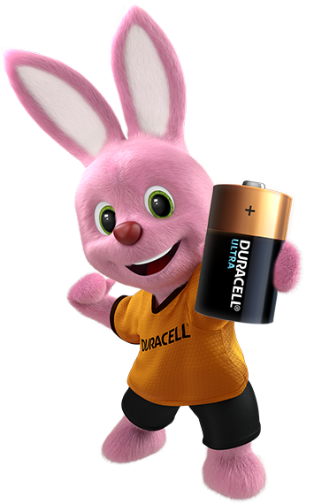Duracell Bunny holding Duracell Ultra Battery in his hand